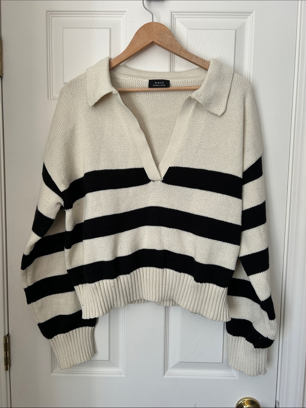 VICI Cream & Black Striped Collared V-Neck Sweater